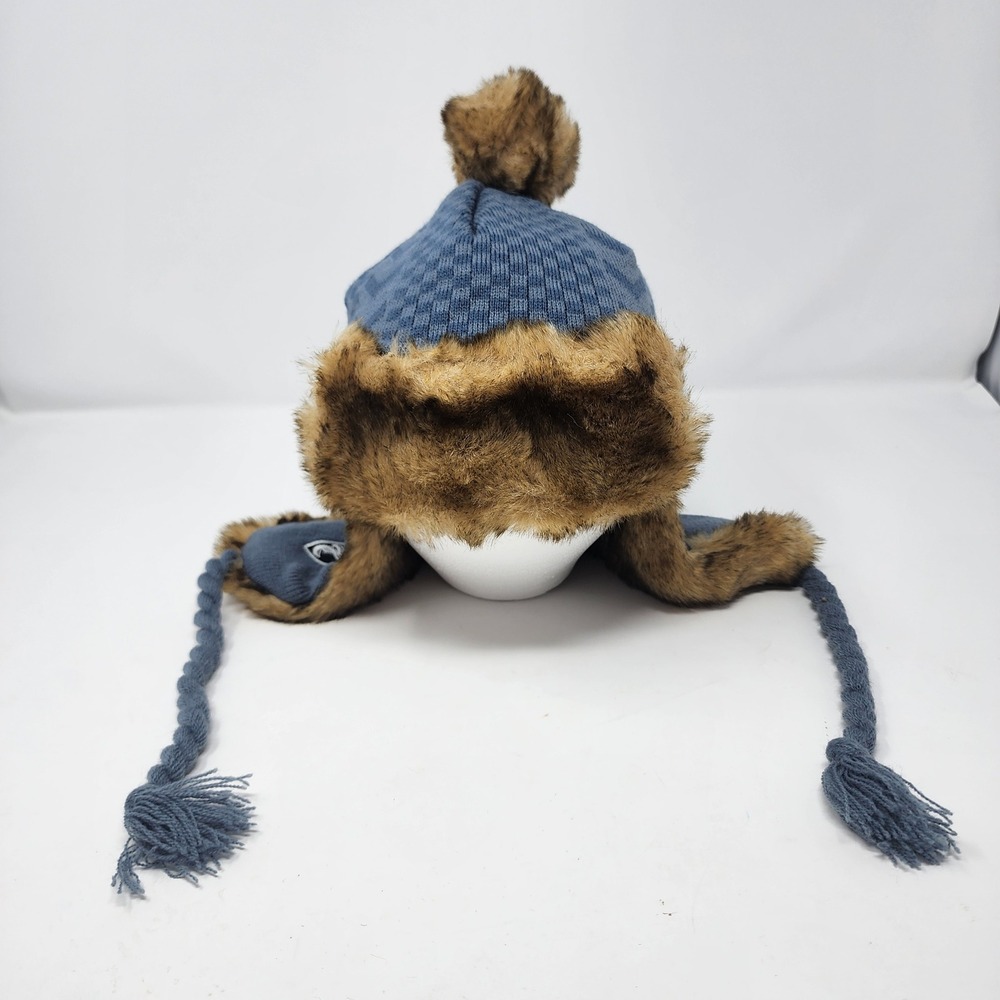 HYP Trapper Hat 59CM Slate Blue Faux Fur Ear Flap Pom Pom Acrylic Knit 2010s